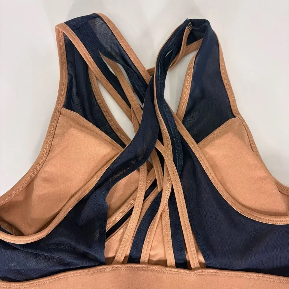 Fabletics Navy Blue‎ with Cream Wrap Strappy Back Sports Bra Size Large